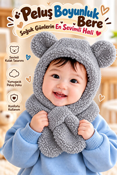 Nurnivus Tammy Sevimli Peluş Çocuk Bere Atkı Boyunluklu Panda Kulaklı Şapka W...