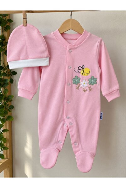 Efilix KIZ BEBEK TULUM ÇİÇEK ARI NAKIŞLI UZUN KOLLU PATİKLİ 0-3/3-6/6-9 AY