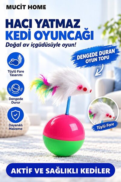 mucit home Hacı Yatmaz Kedi Oyuncağı, Tüylü Fareli Kedi Topu