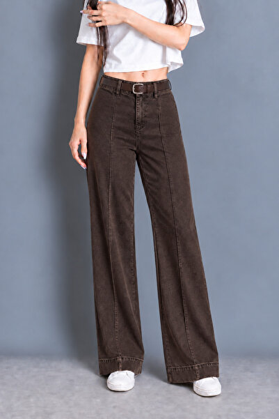 MY ARJA JEANS KADIN YÜKSEKBEL JEANS KEMERLİ ÖNÜ ÇIMALI GENİŞ PAÇA KOT PANTOLON