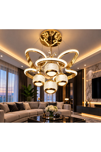 Lumora Taç İthal Geniş Kasa Kumandalı LED Avize – İthal Simli Silikon 3 Renk Modern Salon Avizesi