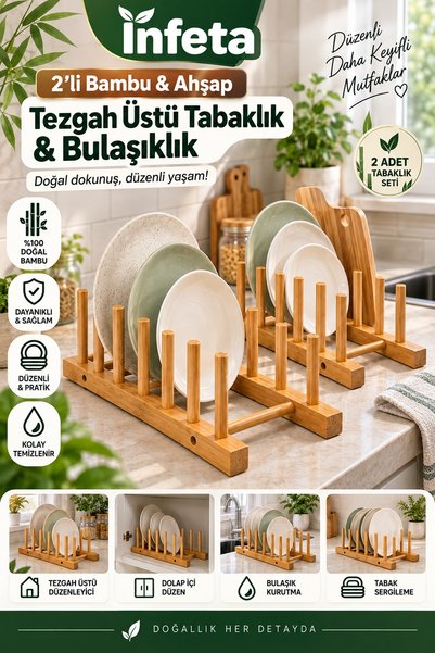 İnfeta 2'li Bambu Ahşap Tezgah Üstü Tabaklık Bulaşıklık Tabak Düzenleyici Stand