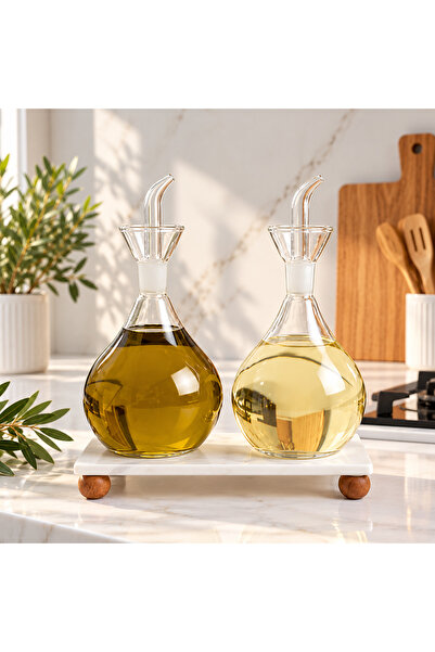 Kitchen Pembelia Mermer Standlı Borosilikat Cam 900 ml Yağdanlık Set Damlatma...