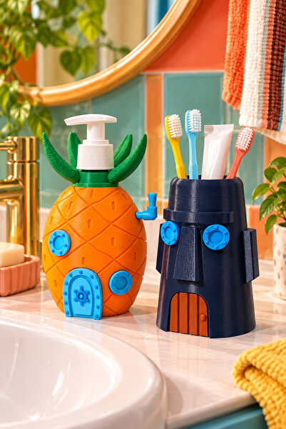 Maflen Ananas Evi Sabunluk 220 ml Ve Moai Evi Fırçalık Banyo Seti