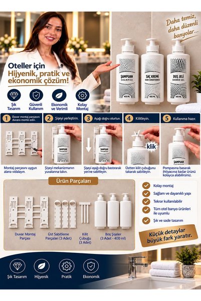 Hyd Kilitli Mekanizmalı Modern 2 Adet 3'lü Banyo Seti 400ml Aparatlı Plastik Şişe Otel Buklet Malzemesi