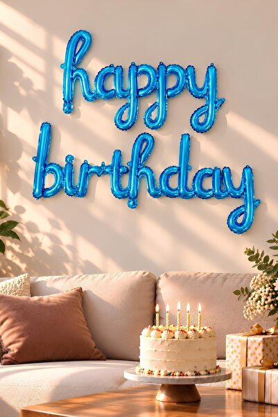 Patladı Gitti El Yazılı 16 İnç Happy Birthday Mavi Balon Set