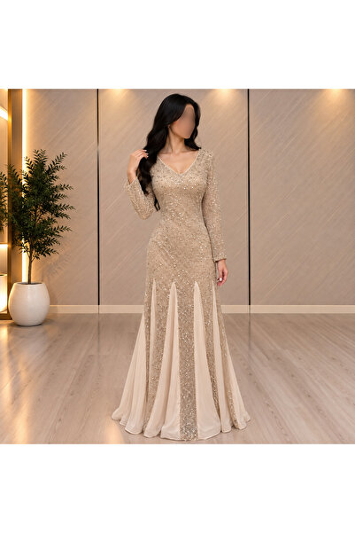GORI FASHION فستان سهره بيج باكمام