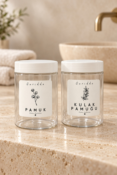 Guridda Home Design 2'li Kulak Pamuğu ve Pamuk Kutusu 250 Ml Şeffaf Plastik K...