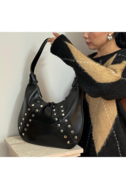 lalettobags Γυναικεία τσάντα ώμου μοντέλου Black Pearl με λεπτομέρεια από καρ...
