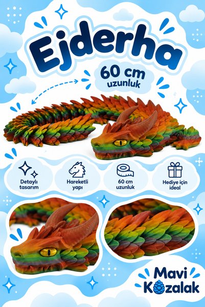 MaviKozalak3D 60 cm Renk Değiştiren Ejderha Figürü – Hareketli Eklemli 3D Bas...