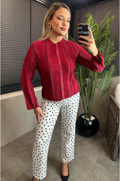 MİR STORE Red Knitwear Cardigan with Lurex Fine Weaving Detail