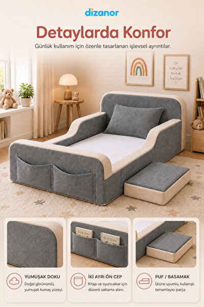 Dizanor Yeni Nesil Maxi Nest %100 Sünger ve Yıkanabilir Fermuarlı Kumaşa Sahip Bebek, Çocuk ve Genç Montessori Karyola Baza ve Başlık Yatağı Seti