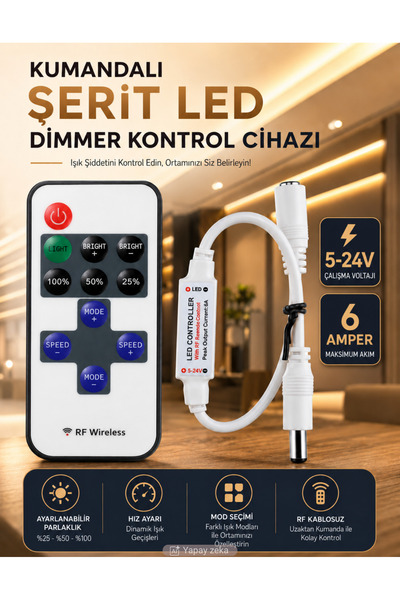 Unichrome Rf Uzaktan Kumandalı Şerit Led Dimmer Led Işık Kontrolü 5-24v 6a