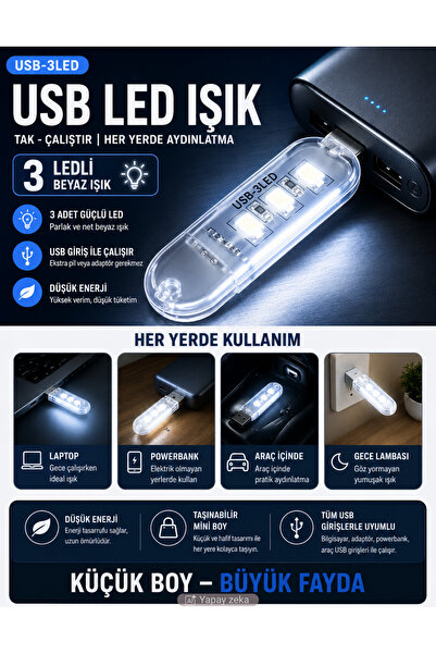 Unichrome Taşınabilir Mini Usb Led Lamba 3 Led Beyaz 5730 Smd Kamp Stick Led