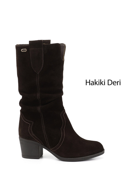 GÖNDERİ(R) Kadın Kahve Süet Kalın Topuklu Körüklü Hakiki Deri Çizme