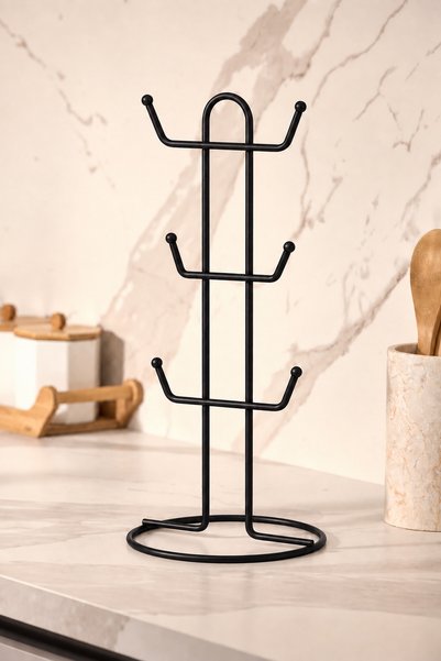Edora Home Siyah 6 Bölmeli Bardak Askılığı Kupa Fincan Düzenleyici Tezgah Üstü Paslanmaz Metal