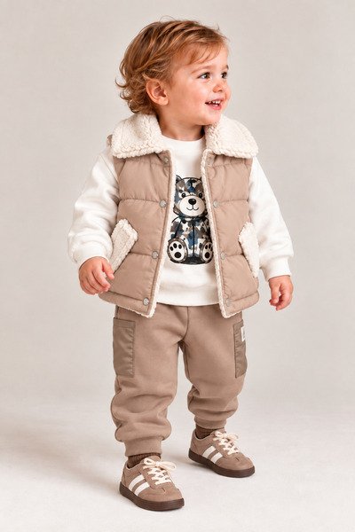 Lova Erkek Bebek 3'lü Takım Peluş Yakalı Şişme Yelekli Sweatshirt ve Pantolon...