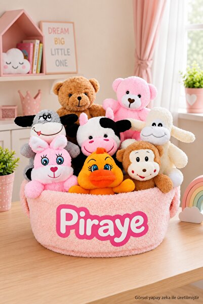 Pandamkee Kişiye Özel İsim Baskılı Büyük Boy Peluş Oyuncak Sepeti - 8 Parça P...