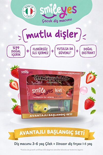 Kids Strawberry Bubble Aromalı Çocuk Diş Macunu 3-6 Yaş + Dinazor Serisi Diş Fırçası 1-5 yaş Sarı
