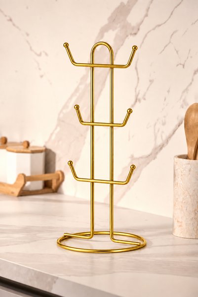 Edora Home Parlak Altın 6 Bölmeli Metal Fincan Askılığı, Kupa Düzenleyici ve Kahve Köşesi Standı