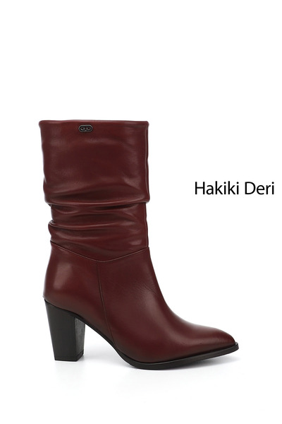 GÖNDERİ(R) Kadın Bordo Antik Sivri Burun Körüklü Kalın Topuklu Hakiki Deri Çizme