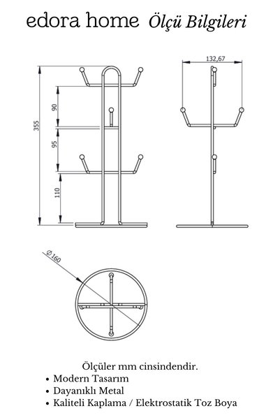 Edora Home Siyah 6 Bölmeli Bardak Askılığı Kupa Fincan Düzenleyici Tezgah Üstü Paslanmaz Metal
