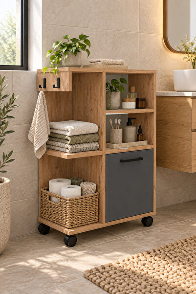 ARNETTİ Rebusa Çok Amaçlı Banyo Dolabı Atlantik Çam Antrasit | Tekerlekli 4 R...
