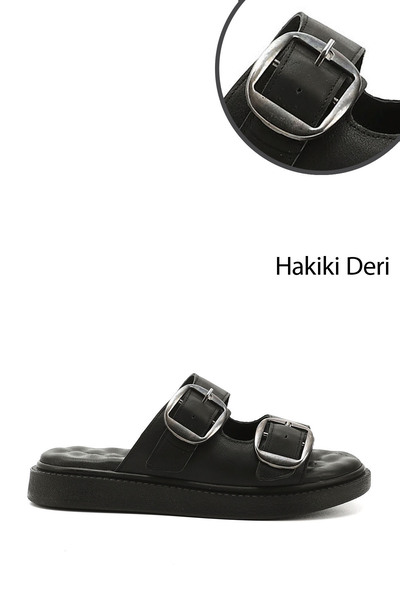 GÖNDERİ(R) Kadın Siyah Tokalı Dolgu Taban Hakiki Deri Comfort Terlik