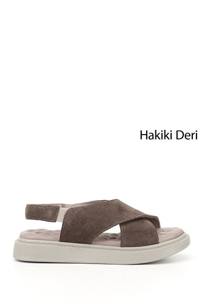 GÖNDERİ(R) Kadın Vizon Süet Çapraz Bantlı Dolgu Taban Hakiki Deri Comfort San...