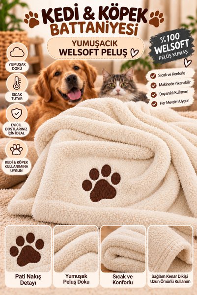 BeybiNest Kedi Ve Köpek Battaniyesi 100 x 80 cm Nakış Detayli Welsoft Battaniye