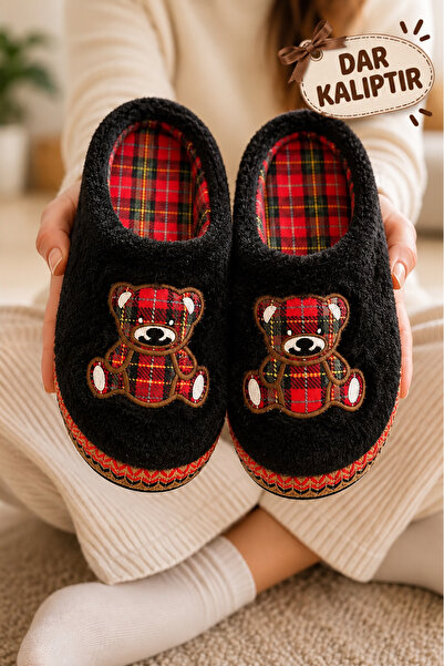 Slipcat Unisex, Ekose Desenli, Ayı Figürlü, Yumuşak, Peluş Kışlık Ev Terliği
