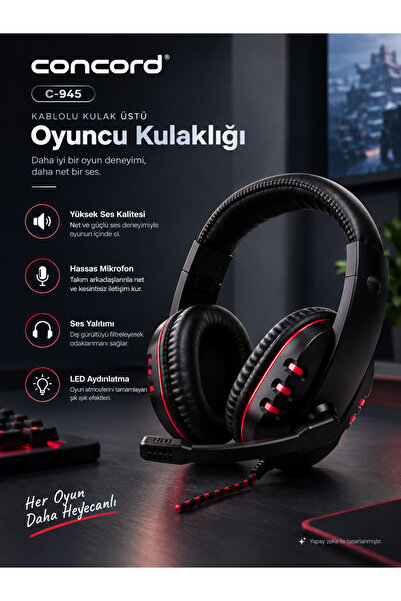 Concord C-945 Kablolu Kulak Üstü Oyuncu Kulaklığı – USB LED Aydınlatmalı Mikr...