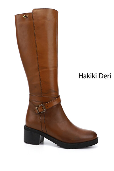 GÖNDERİ(R) Kadın Taba Antik Fermuarlı Kalın Topuklu Hakiki Deri Çizme