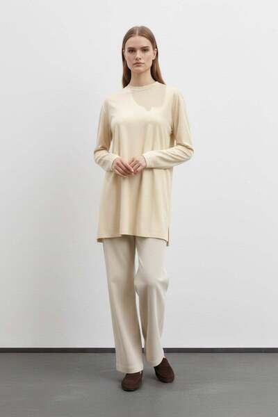 Puane Kadın Basic Uzun Kollu Salaş Tunik-40017 Bej