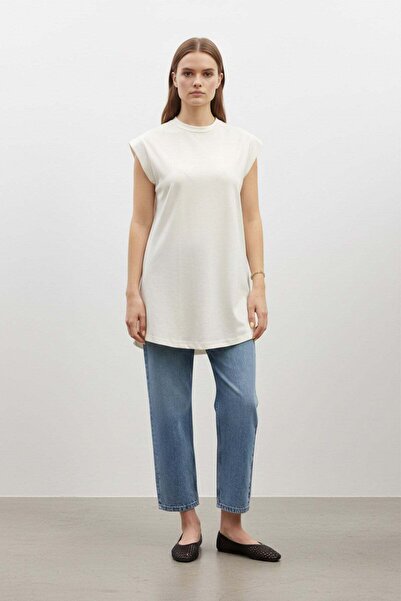Puane Minimal Kesim Oversize T-Shirt-40016 Ekru