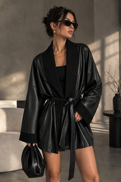 Tierra Store Suni Deri Triko Detaylı Kuşaklı Yırtmaçlı Kadın Siyah Kimono Ceket