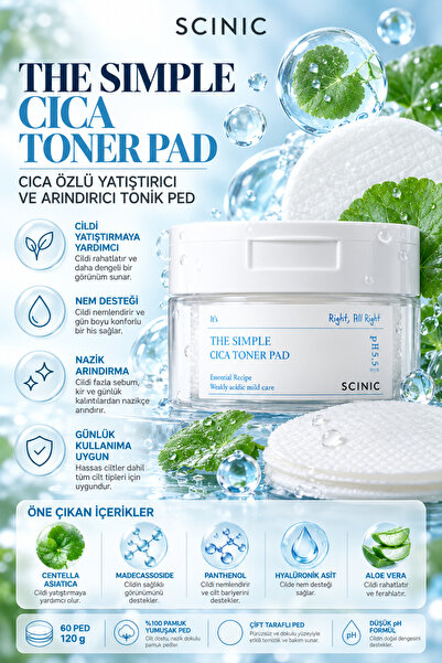 SCINIC The Simple Cica Toner Pad Cica Özlü Yatıştırıcı ve Arındırıcı Tonik Pe...