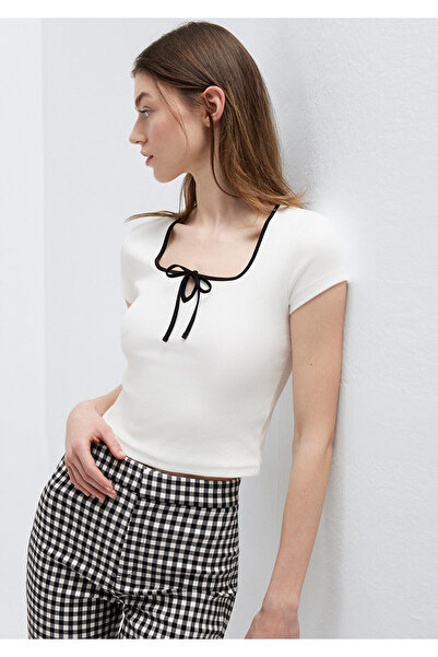 Mavi Ribbon Detailed Ecru T-Shirt Crop / Short Cut 1613967-70057