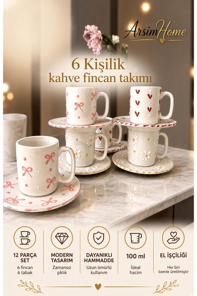 arsimhome 6 Kişilik Fincan Takımı Karışık Desen 2Kalp 2Papatya 2Fiyonk