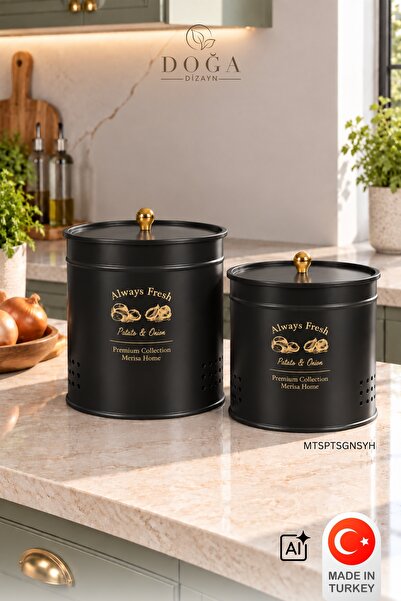 Siyah Renk Metal 2'li Kulbu Gold Kapaklı Soğan, Patates Saklama Kabı Seti