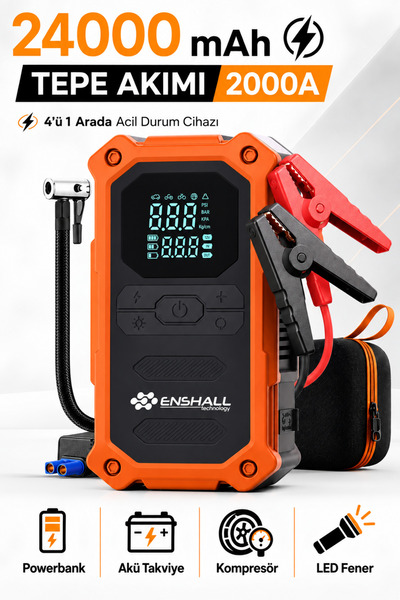 Enshall 24.000mAh Şarjlı Akü Takviye Cihazı Çantalı 2000A Tepe Akımlı Akü Tak...