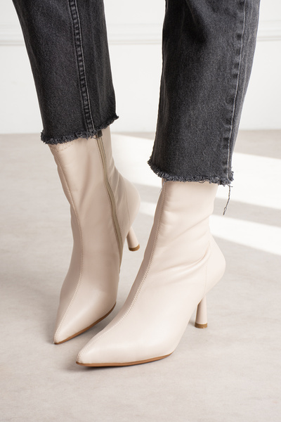 Lebibe Shoes Marya Women's Beige Stretch Leather Pointed Toe Warm Lined Zippe...