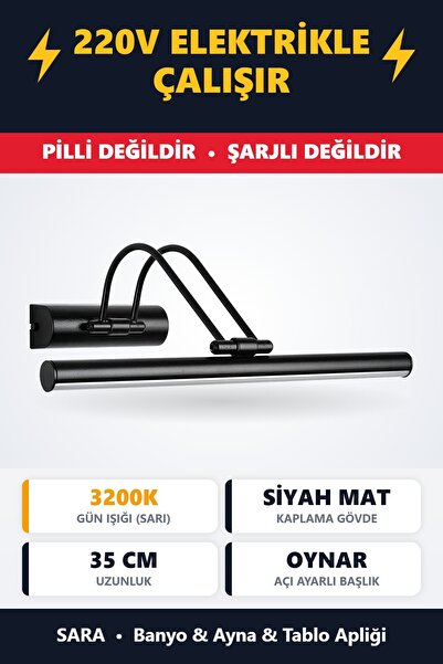 SARA 35cm Mat Siyah Gün Işığı Banyo Duvar Ayna Tablo Aydınlatması Flüt Aplik ...