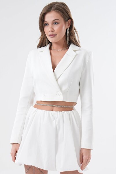 Saade Beyaz Kadın Regular Fit Kruvaze Kapama Dokuma Crop Blazer Ceket -Şık & ...