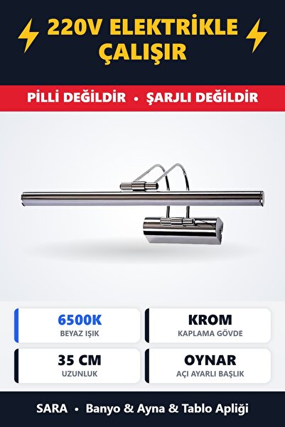 SARA 35cm Krom Kaplama Beyaz Işık Banyo Ayna Apliği Kuğu Flüt - 220V Elektrik...
