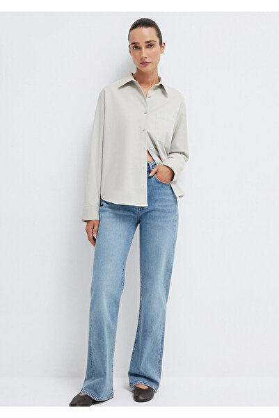 Mavi Cepli Gri Gömlek Loose Fit / Bol Rahat Kesim 1211385-80618