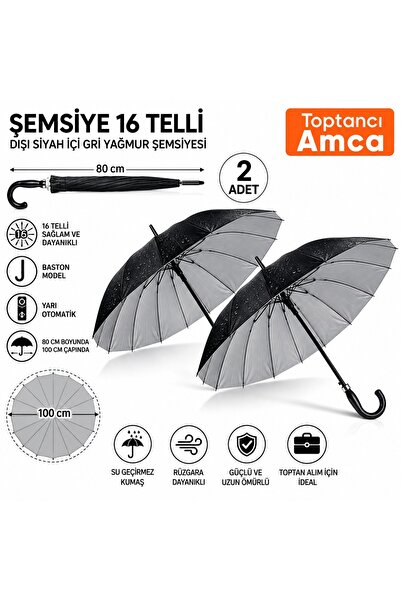Toptancı Amca 2 Adet Şemsiye Toptan Şemsiye İçi Gri Baston Şemsiye Unisex Yağ...