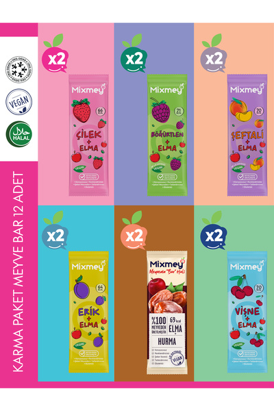 mixmey Karma 2 Meyve Bar 12 Adet | Sağlıklı Atıştırmalıklar – Vegan, Glutensi...