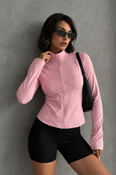 Miss Prova Pembe Vücuda Oturan Fermuarlı Dik Yaka Örme Spor Ceket Mıssce05922