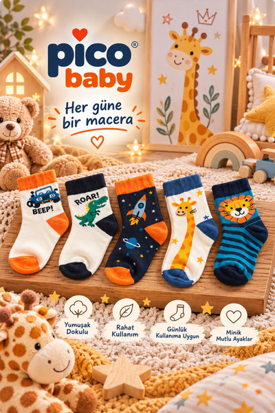 Pico Baby Erkek Bebek & Çocuk Pamuklu Desenli Soket Çorap / 5 Çift